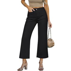 LookbookStore Wide Leg Cropped Jeans for Women High Waisted Stretchy Denim Jean Pants Baggy Flare Trouser Jeans Pockets, Small, True Black