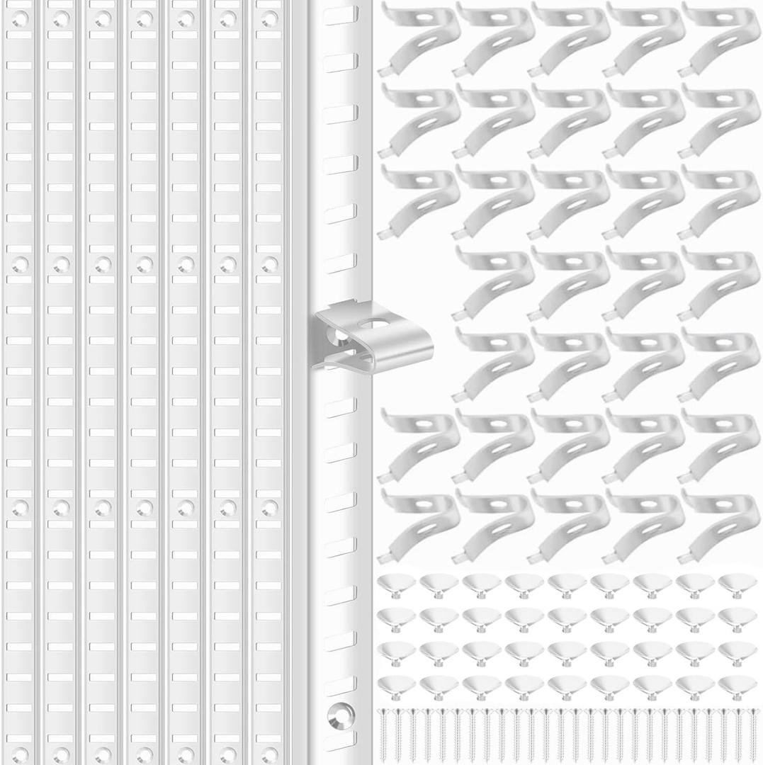 14 Packs 17.5 Inch Metal Pilaster Shelf Bracket Rails with 36 Adjustable Clips & Mount Screws - for Cabinet/Wall Shelving/Closet Storage (White)