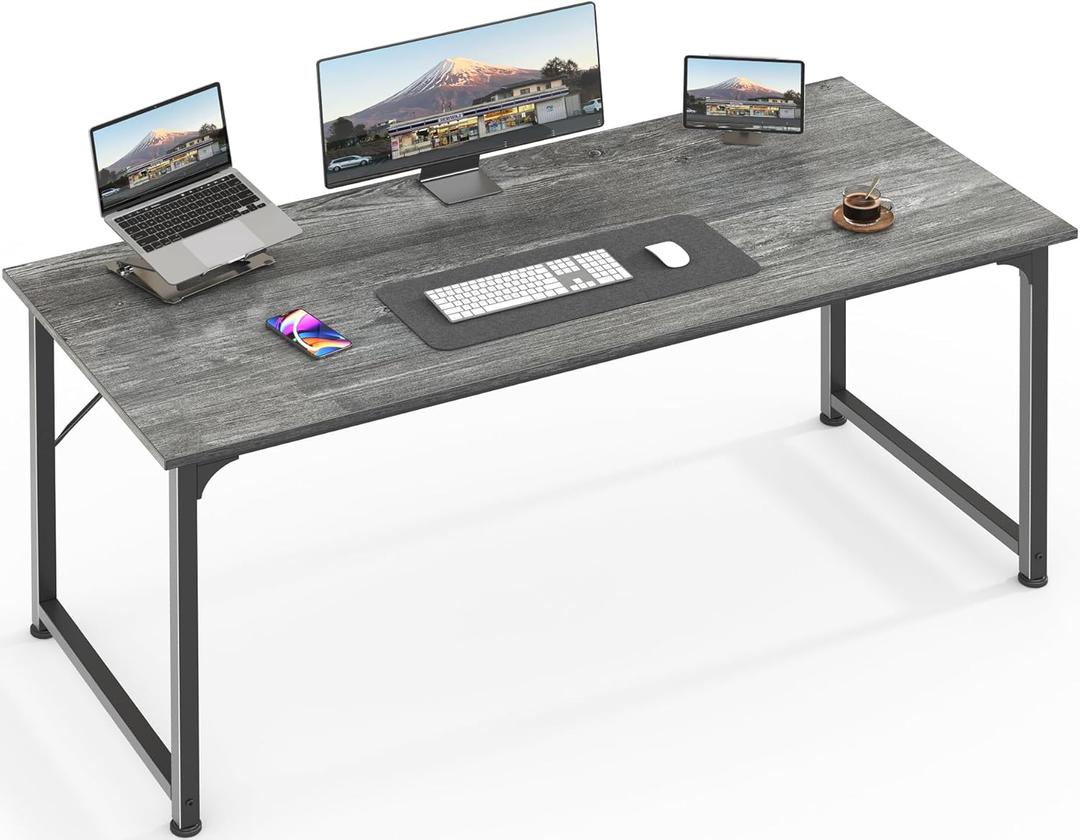 Huuger Computer Desk, 55 Inch Home Office Desk, Gaming Writing Work from Home Study Desk, Large Legroom, Sturdy Metal Frame, Modern Simple, Grey