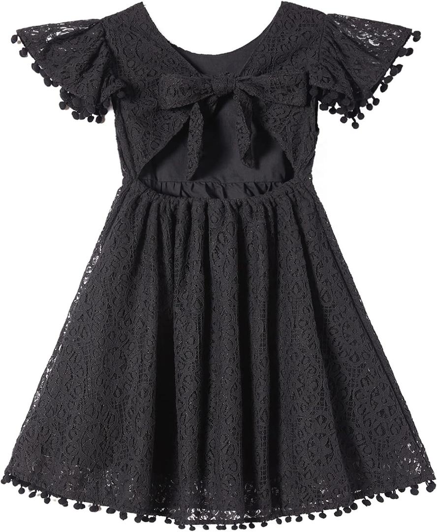 Niyage Backless Toddler Dress Open Back Girls Lace Bow Tie-Back Pom Pom Flutter Sleeves Party Princess Dresses,2T
