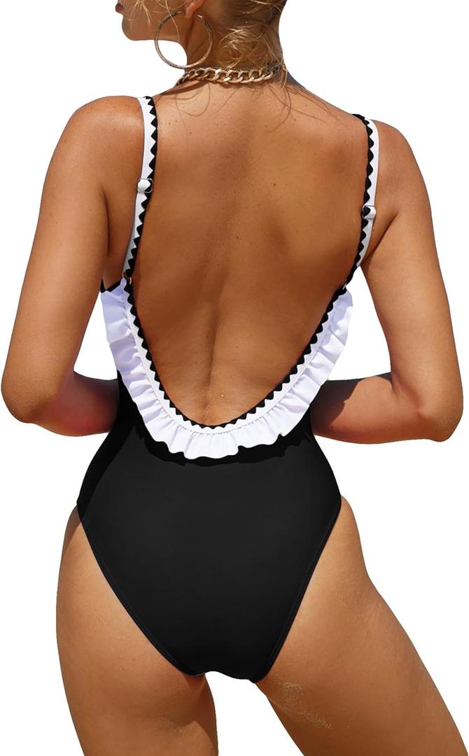 Verdusa Women's One Piece Swimsuit Cut Out Ruffled Open Back Spaghetti Strap Swimwear (Medium, Black)