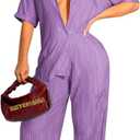 KEYUFANG 90s 2 Piece Outfits for Women Trendy Short Sleeve Linen Shirt Wide Leg Casual Flare Pants Suit Purple, Large