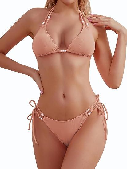 TASHEHE Women's Triangle String Bikini Set Sexy Tie Side Two Piece Swimsuit Cute Halter Bathing Suit Small