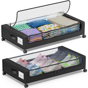 Under Bed Storage with Wheels, 2-Pack Under Bed Storage Containers with Clear Lids, XXL 60L Under the bed storage Organizer Bins, Rolling Under Bed Metal Drawer for Clothes,Shoes,Toys (Black, 2 Pack)