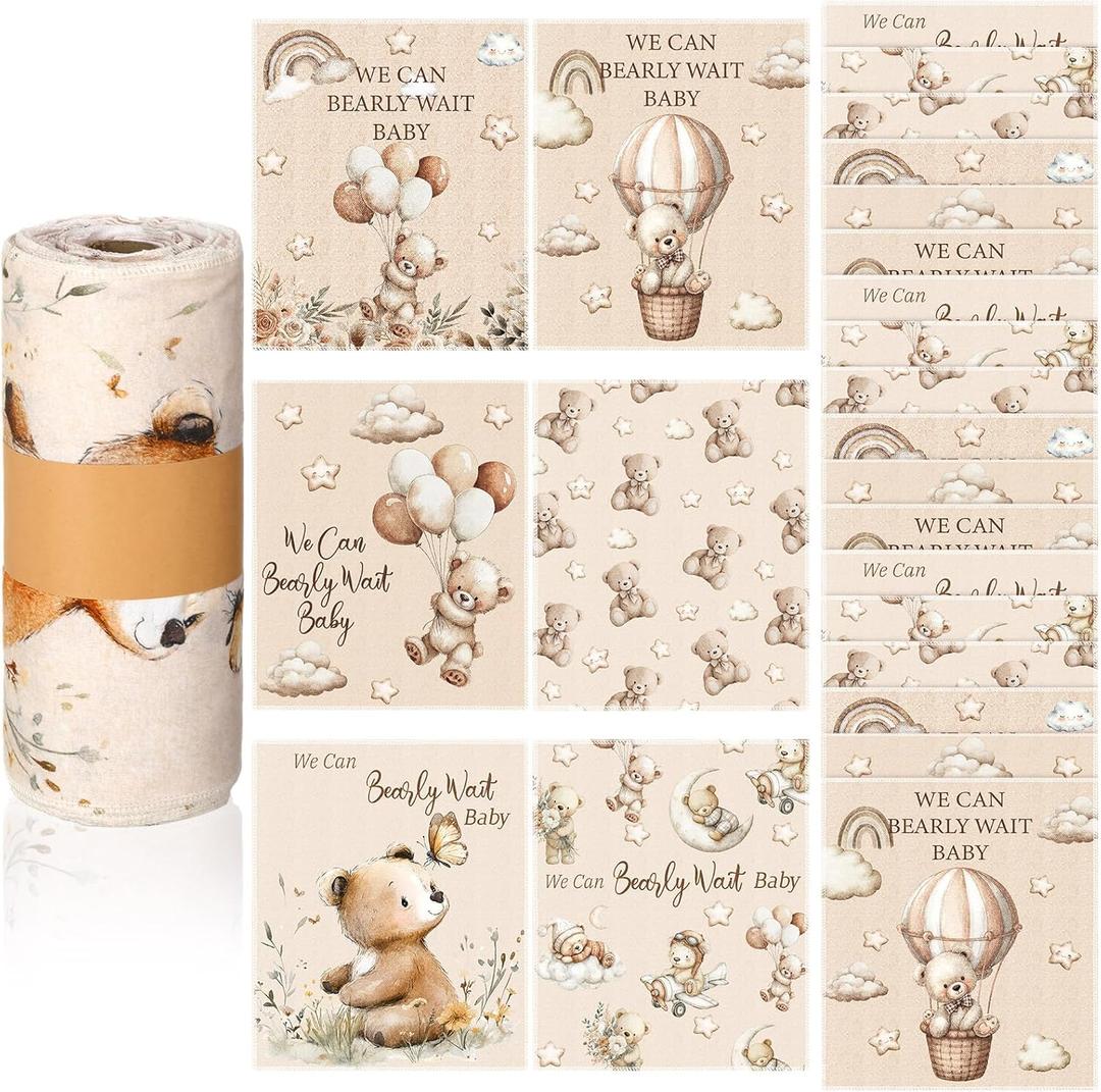 36 Pcs Baby Shower Reusable Paper Towels Rolls Washable Bulk Baby Shower Prizes We Can Bearly Wait Teddy Bear Kitchen Towels Paperless Reusable Cloth Cotton Napkin with Cardboard for Kitchen