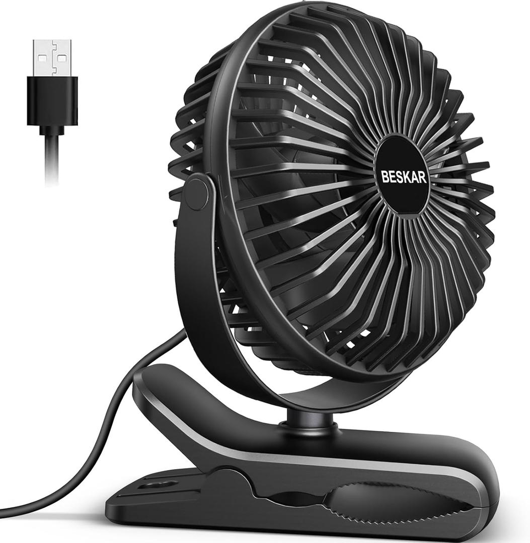 BESKAR Small Clip on Fan, 3 Speeds USB Fan with Strong Airflow, Clip & Desk Fan USB Plug in with Sturdy Clamp - Ultra Quiet operation for Office Dorm Bedroom Stroller (Dark Black)
