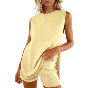 Wyeysyt 2 Piece Sets for Women Summer, Sweater Set Sleeveless Tunic Top and Shorts Beach Vacation Sets Tracksuits (Medium, Yellow)