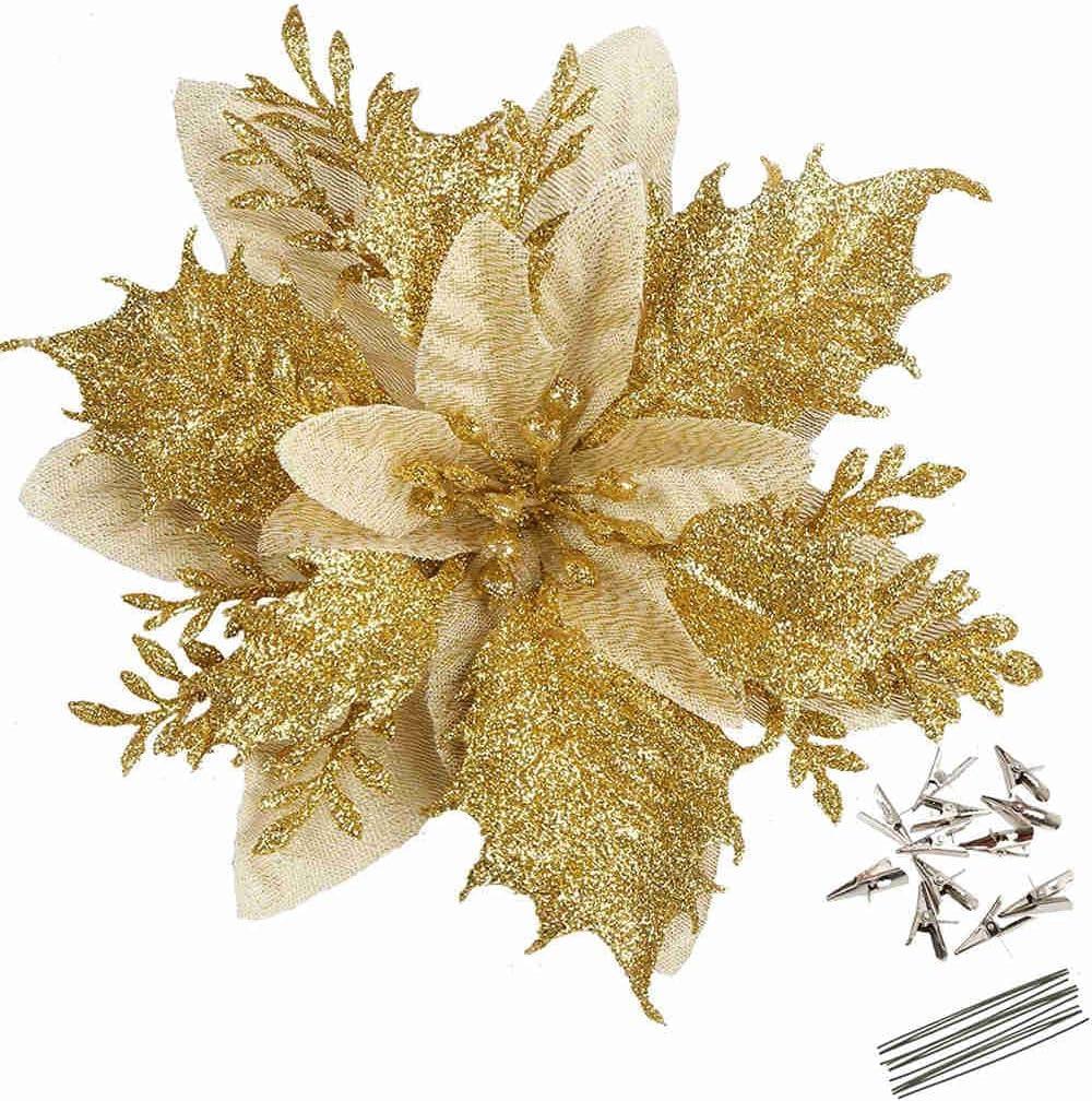 GREENTIME 12 Pcs Glitter Poinsettia 5.5" Artificial Flowers Christmas with Clips Stems Xmas Tree Ornaments for New Year Party Stairs Fireplace Porch Balcony Garden Church Wreath Decoration (Golden)