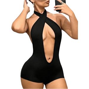 Women's Cut Out Criss Cross Backless Romper Slim Fittted Halter Shorts Jumpsuit Party Club Night Outfit (Medium, Black)