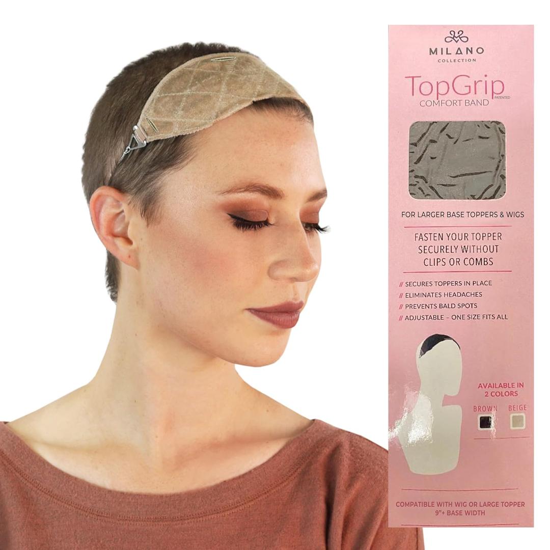 MILANO COLLECTION Glueless Top Grip for Hair Topper & Wiglets, Adjustable Translucent Strap with Side Openings, Top Headband for Your Wig or Topper, Includes Clips, Beige, Large