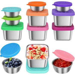 12 Pack Stainless Steel Snack Containers for Kids, 6oz & 1.6oz Leakproof Snack Salad Dressing Containers with Easy-Open Silicone Lids, Reusable Lunch Box Containers for Office & Travel