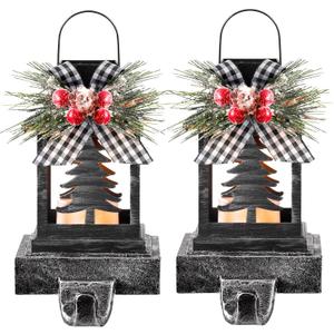 Therwen 2 Pcs Christmas Stocking Holders Lantern Christmas Stocking Hangers for Mantel Xmas Hooks Decorative Retro Light up Holders for Home Indoor Outdoor Decor (Xmas Tree,Black)