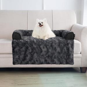 Calming Medium Dog Bed for Couch, 35 x 31 inch Removable Couch Cover for Dogs Washable, Non-Slip Fluffy Plush Dog Sofa Mat for Furniture Protector - Dark Grey