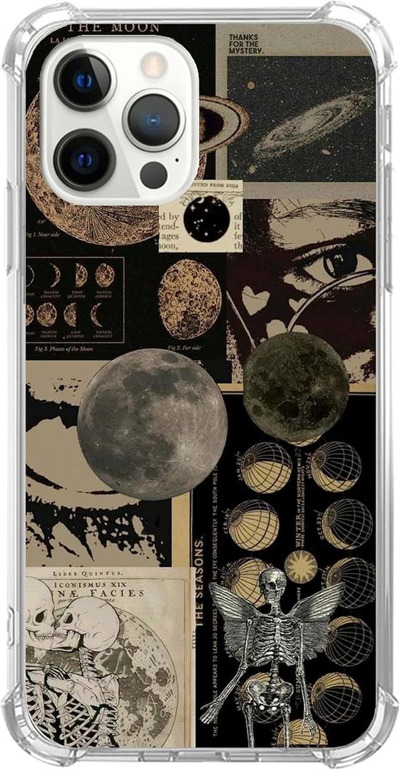 Pumhey Aesthetic Vintage Grunge Collage Phone Case Compatible with iPhone 15 Pro Max, Skull Planets Collage Cover for Teens Men Women, Trendy Cool TPU Bumper Case Cover for iPhone 15 Pro Max