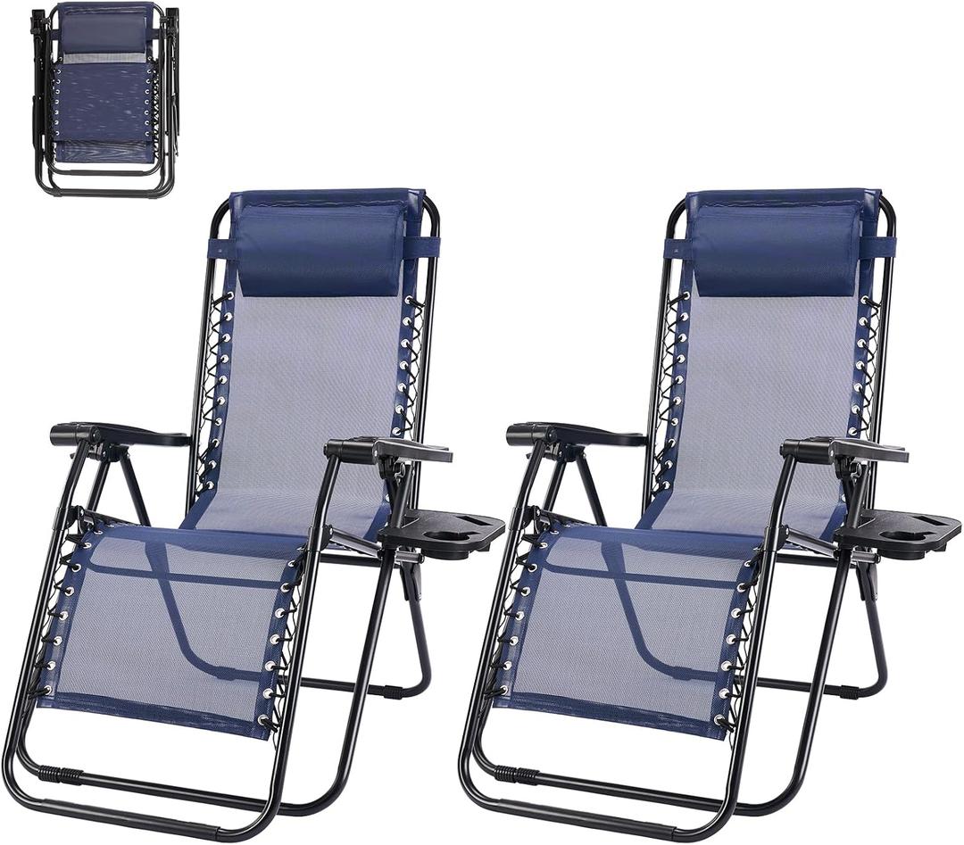 NEWBULIG Zero Gravity Chair Set of 2, Lounge Chair Folding Portable Adjustable Camping Reclining Chairs with Adjustable Pollow, Mesh Back, Cup Holder Trays Lawn Patio Chair for Pool Beach