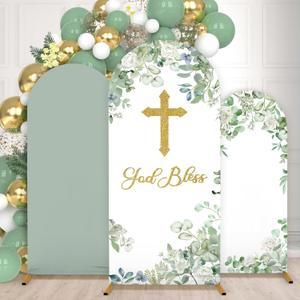 3Pcs God Bless Arch Backdrop Cover 4ft 5ft 6ft First Holy Communion Christening Party Spandex Fitted Arch Stand Cover Sage Green Photography Backdrop for Baptism Birthday Party Banquet Ceremony Decor