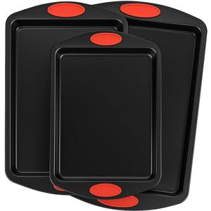 3-Pack Baking Sheet Pan Set, Nonstick Cookie Sheets with Orange Silicone Handles, Easy to Clean Bakeware Trays for Oven Roasting & Baking