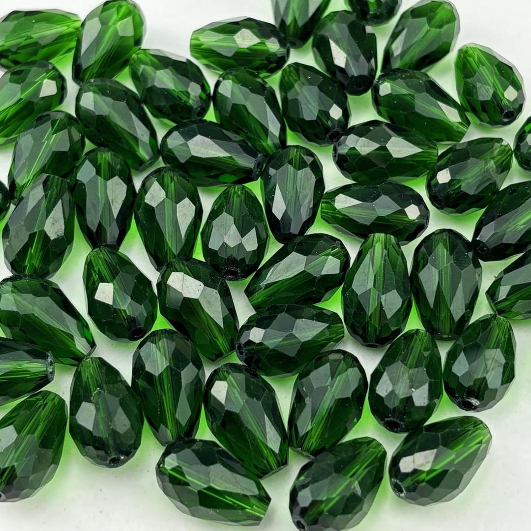 200pcs 3x5mm Teardrop Crystal Glass Beads for Jewelry Making, Faceted Vertical Hole Teardrop Glass Spacer Beads for Wind Chimes Bracelet Earring Necklace DIY Craft(Dark Green)