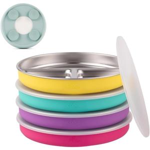 Elk and Friends Stainless Steel Divided Plates with Silicone Sleeve for Babies & Toddlers | Lids Included | Stay Put Suction | Dinner & Snack Plates | 4 Pack (Pink/Purple/Teal/Yellow)