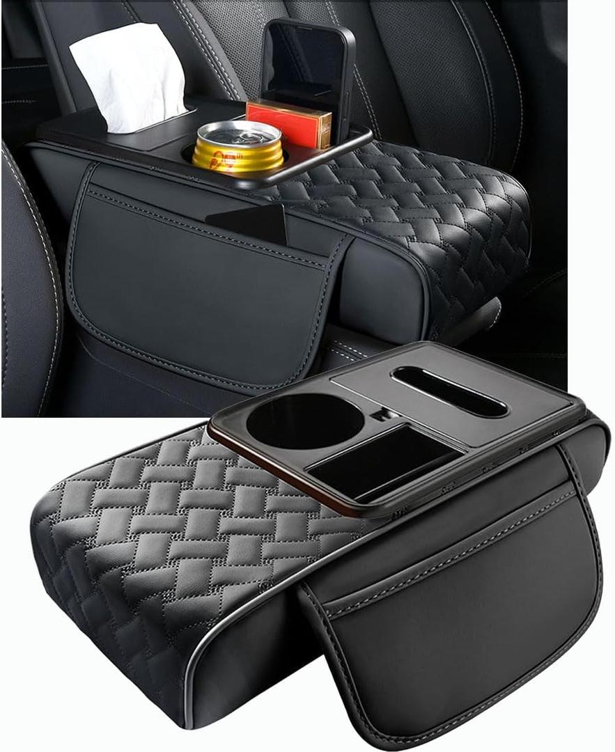 Arm Rest Cover for Car 6.3" Narrow Style,6-in-1 Microfiber Leather Center Console Cover with 2 Storage Bags Cup Holder, Tissue Box Slot, Phone Slot,Universal Accessories Interior Organizers (Black)