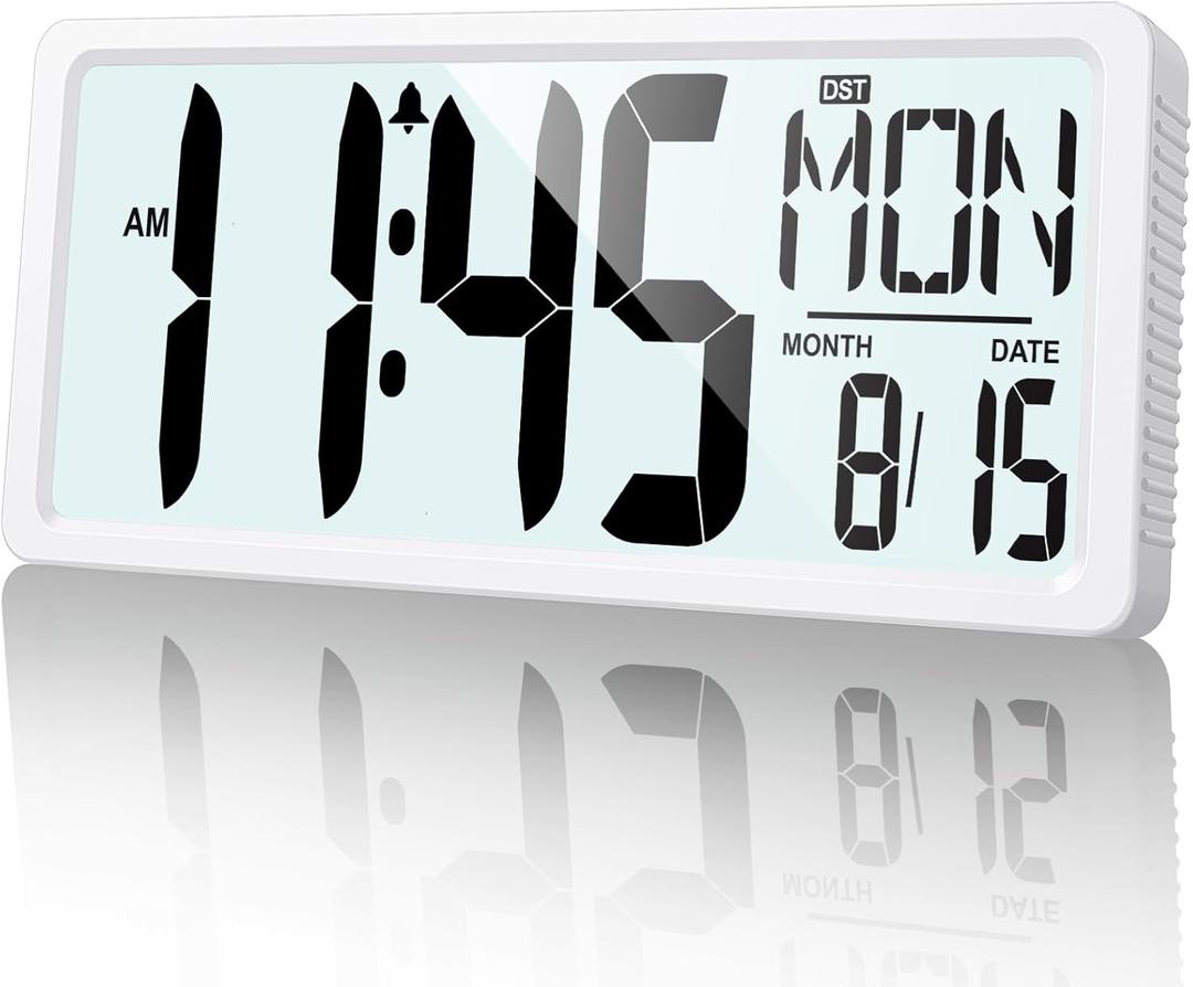 XREXS Large Digital Wall Clock Battery Operated with Backlight, 15" LED Large Display Timer with Temperature Date Week Auto DST Adjustable Brightness, Alarm Clock for Classroom, Livingroom, Office (White)