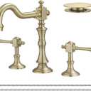 BWE 8 Inch Vintage Brass Bathroom Faucet for Sink 3 Hole Brushed Gold Bathroom Sink Faucet with Pop-up Drain and Supply Lines 2 Handle Widespread Bathroom Faucet Solid Brass