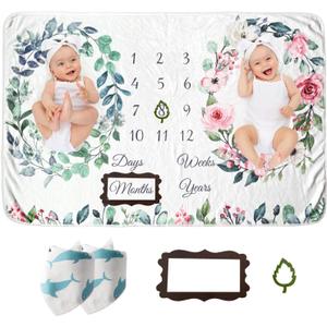 Twins Baby Milestone Blanket for Boys & Girls, Premium Flannel Photography Background Prop Blankets, Neutral Boho Floral
