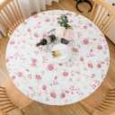 Round Vinyl Fitted Tablecloth with Flannel Backing Elastic Table Cloth Waterproof Oil-Proof Plastic Cover- Fits Tables up to 27" - 31" Diameter (Red Flower)