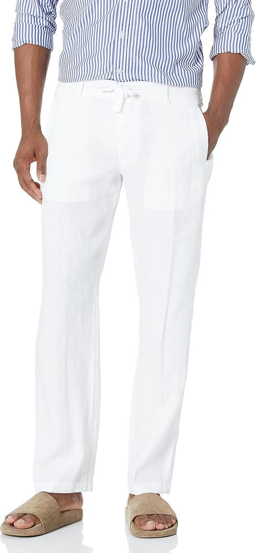 Perry Ellis Men's 100% Linen Drawstring Pants, Lightweight Breathable Fabric, Flat Front, Quarter Top Pockets, Regular Fit (38W x 32L, Bright White)
