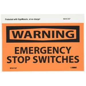 NMC W447AP OSHA Sign, Legend "WARNING - EMERGENCY STOP SWITCHES", 5" Length x 3" Height, Pressure Sensitive Vinyl, Black on Orange (Pack of 5)