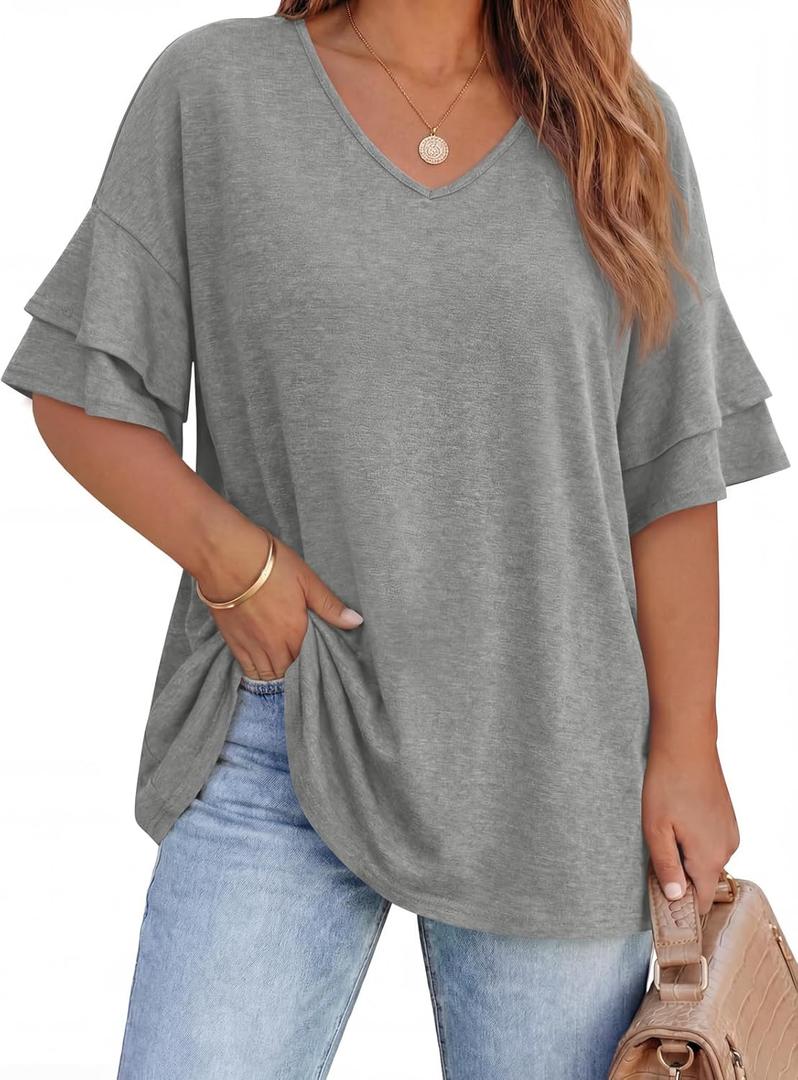 Beautife Womens Plus Size V Neck T Shirts Short Ruffle Sleeve Blouses 2026 Summer Casual Loose Fit Knit Tops (Gray, XXXL)