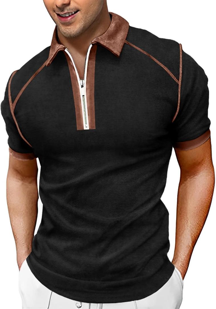Aulemen Men's Zipper Polo Shirt Casual Short Sleeve Classic Golf Shirts V Neck Quarter Zip Black 3X-Large