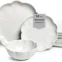 Sango 12 Pieces Scalloped Dinnerware Set, Modern White Dishes for 4, Premium Serving Plates & Bowls Sets, Chip & Scratch Resistant, Ceramic Dishware, Kitchen Dish, Microwave & Dishwasher Safe, Bethany