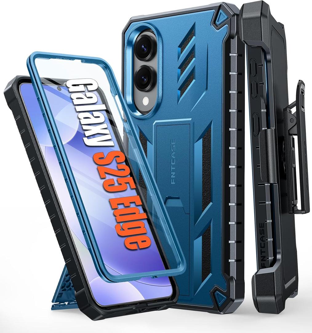 FNTCASE for Samsung Galaxy S25-Edge Case: Military Grade Rugged Cell Phone Cover with Kickstand & Belt Clip Holster | Shockproof TPU Protection Bumper Matte Textured | Heavy Duty Protector (Blue)