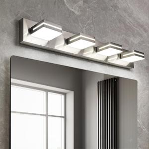 OKELI 4 Light Bathroom Vanity Light Brushed Nickel Modern 32W LED Dimmable Vanity Light Over Mirror 350° Adjustable Lamp Head Cold White 6000K ETL Listed 30Inch