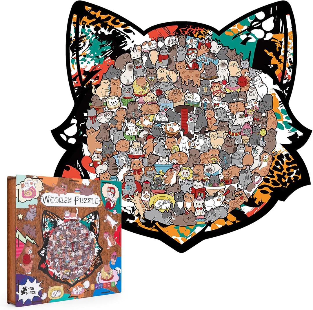 Cat Shaped Wooden Jigsaw Puzzle, 135 Piece Unique Cat Wood Puzzle, Morandi Color Puzzle Home Decor for Adults&Teens, Relaxation Puzzle Gift for Cat Lovers