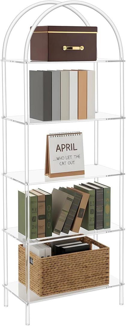 5 Tier Acrylic Ladder Bookshelf Clear Wall Mounted Book Shelf 11.8" D x 23.64" W x 65.7" H Shelf Sturdy Open Display for Living Room Bathroom Office