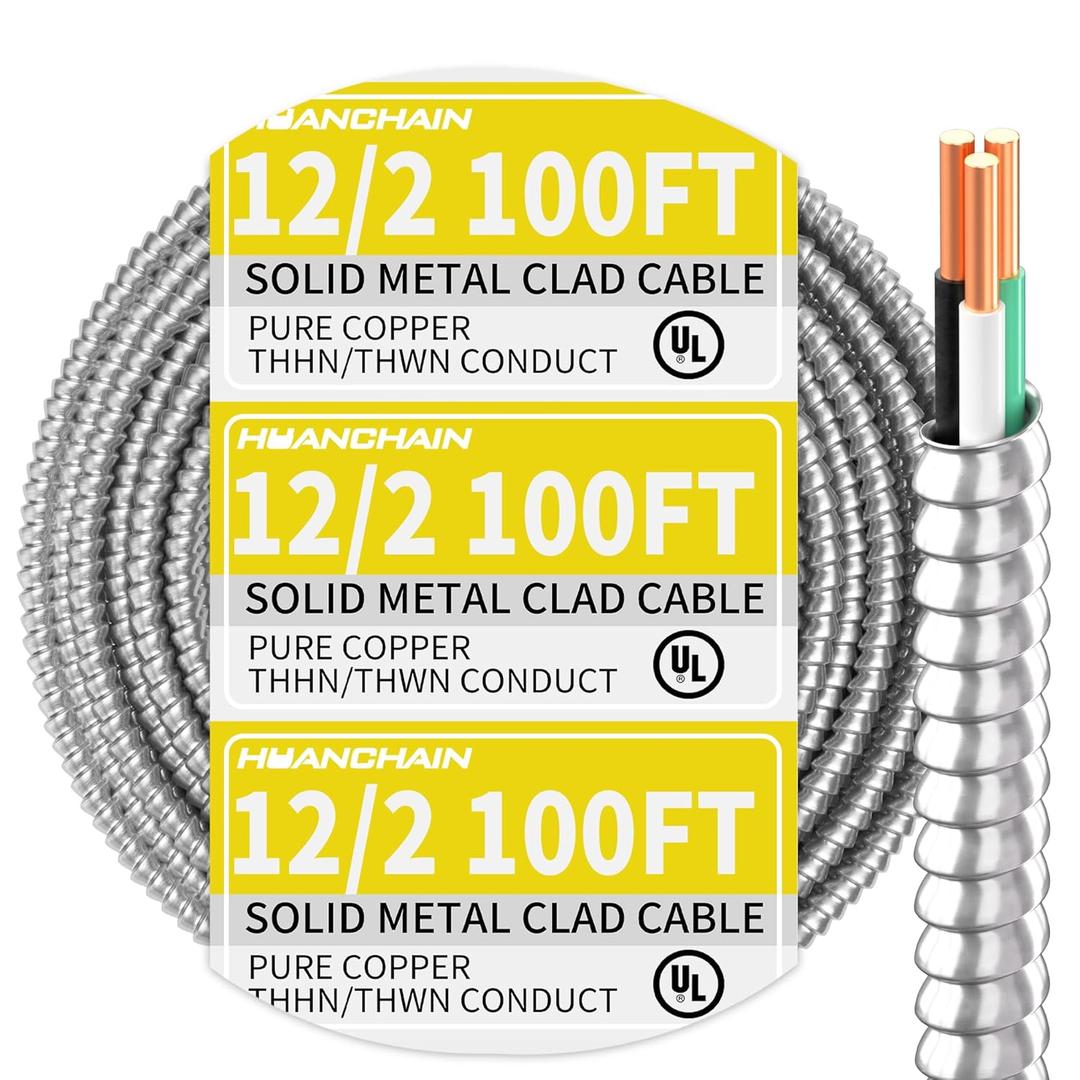 12/2 MC Cable with Ground 100 ft, 12 Gauge 2 Conductors Electrical Wire with Aluminum Armor, Solid Pure Copper Cable for Indoor and Outdoor Underground Installation, UL Listed