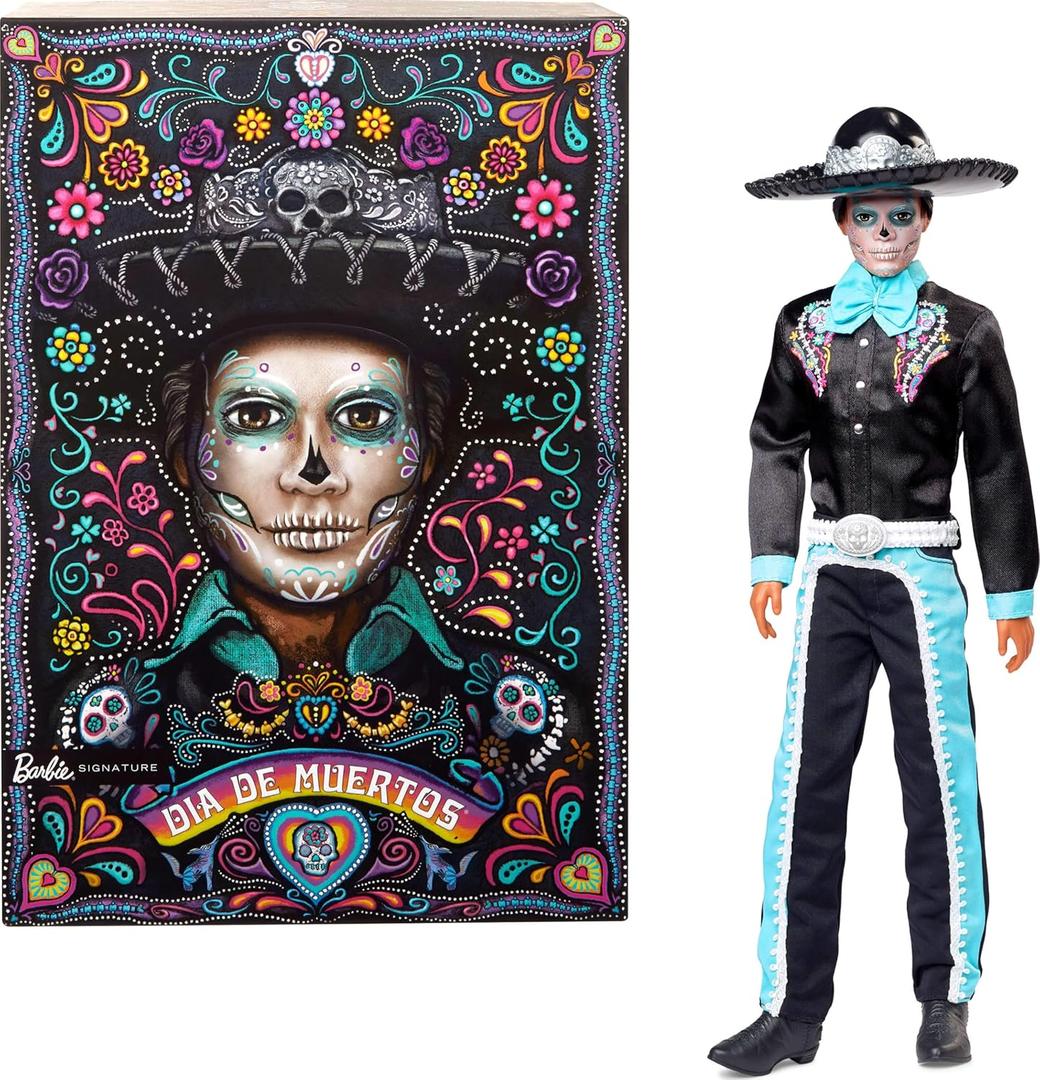Barbie Signature Doll, 2024 Da De Muertos Ken Collectible in Black Suit with Sky Blue Accents, Hat and Belt Accessories