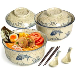 Ceramic Ramen Bowl Set of 2, Ramen Noodle Bowl with Lid 27oz Japanese Retro Style Soup, Pho, Udon Bowls, Matching Spoons and Chopsticks for Microwave & Dishwasher Safe, Fish