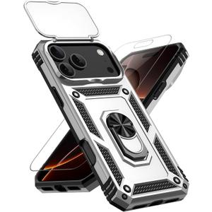 for iPhone 17 Pro Max Case, with Slide Camera Cover HD Screen Protector [Military Grade 16ft. Drop Tested] Ring Holder Kickstand Protective Phone Case for Apple iPhone 17 Pro Max, Silver