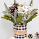 Small Table Top Christmas Tree with Lights, Mini Christmas Tree Decorations with Reindeer Pine Cones Berries Lamb Leaves Ornaments for Home Party Office Indoor Decorations 12Inch, Black & White Plaid