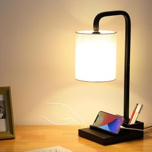 3-Way Dimmable Touch Control Lamps for Nightstand, Bedside Lamp with USB Ports & Outlet, Linen Shade, 2 Phone Stand & Pen Holder, Modern Desk Side Table Lamp for Bedroom Living Room Reading (Warm White1pack(2700k))