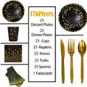 176 Pieces Gold Disposable Party Dinnerware Set &Golden Dot Disposable Party Dinnerware - Black Paper Plates Napkins Cups, Gold Plastic Forks Knives Spoons