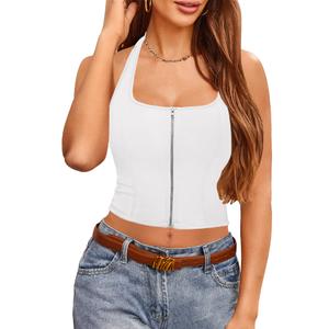 Zanvylia Halter Tank Top for Women Summer Going Out Tops Backless Y2K Crop Sleeveless Zip Front Shirts (US, Alpha, X-Large, Regular, Regular, White) (White, XL)