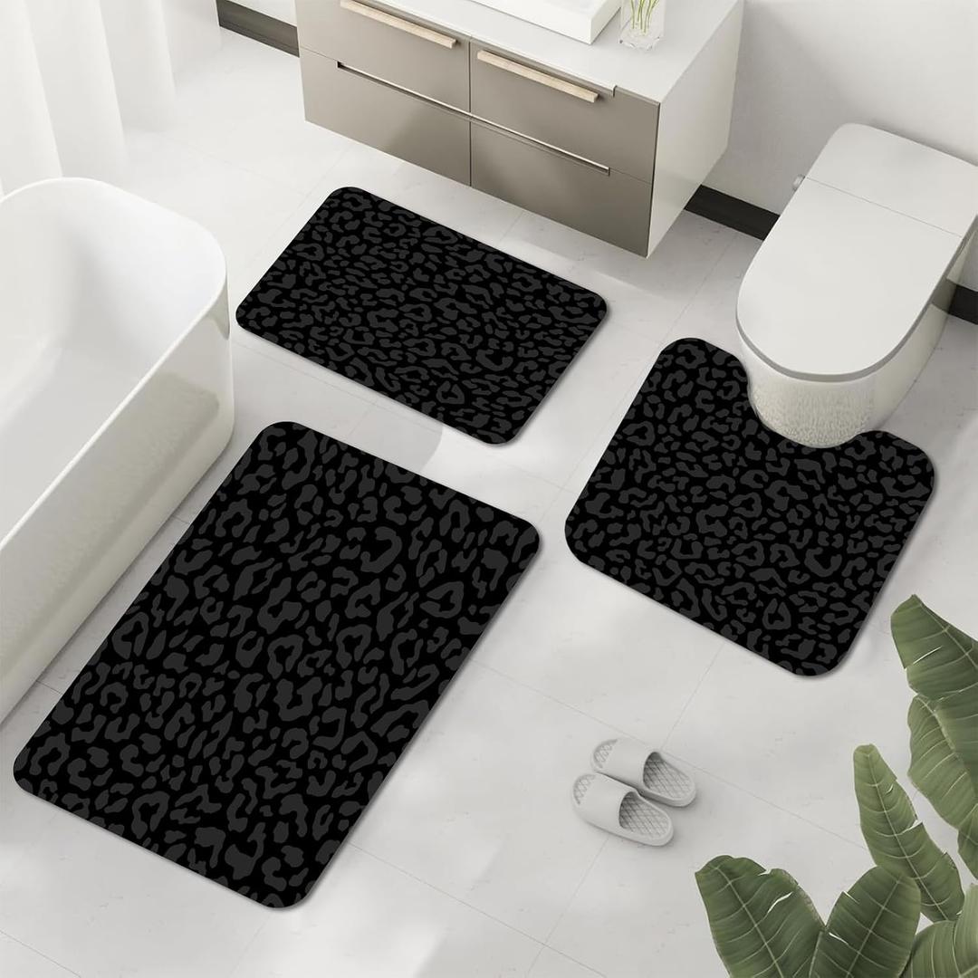 Black Leopard Print Bath Mats for Bathroom Set of 3, Modern Shower Mat with Non-Slip Bottom, Absorbent Quick-Dry Cheetah Print Restroom Decor for Toilet, Washable Bathroom Rug Set, 3PCS
