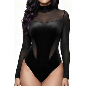 Bodysuit for Women Long Sleeve Velvet Mesh Bodysuit – Sexy Sheer Top for Christmas or Daily Wear, XL