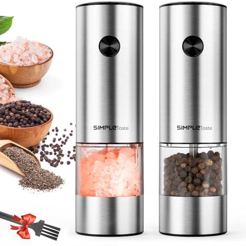 SIMPLETASTE Electric Salt and Pepper Grinder Set Automatic One Handed, Stainless Mill Shakers with Lights and Adjustable Coarseness, Battery Operated