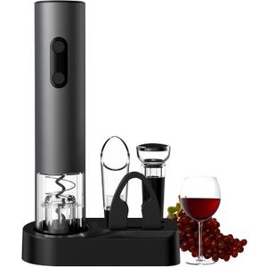 COKUNST Electric Wine Opener, 4-in-1 Wine Bottle Opener Set with Base, Cordless Automatic Battery Operated Corkscrew with Foil Cutter, Pour, Vacuum Stoppers, Gift for Home Party, Staninless Steel