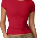 QINSEN Women's Crew Neck Short Sleeve Tees Double Lined Slim Fit T Shirt Basic Y2K Tops (XX-Large, Fiery Red)